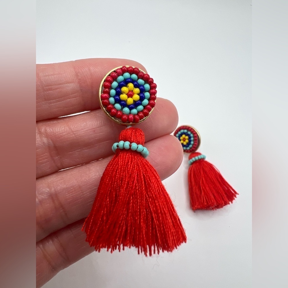 J. Crew Red Beaded Tassel Stud Earrings and Dust Bag.